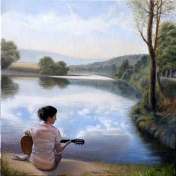 oil painting landscape with a girl playing the guitar